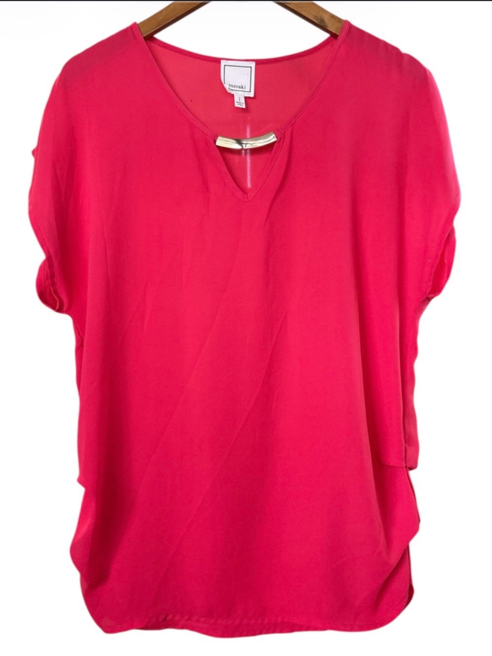 meraki Hot Pink V-Neck Blouse with Gold Accent